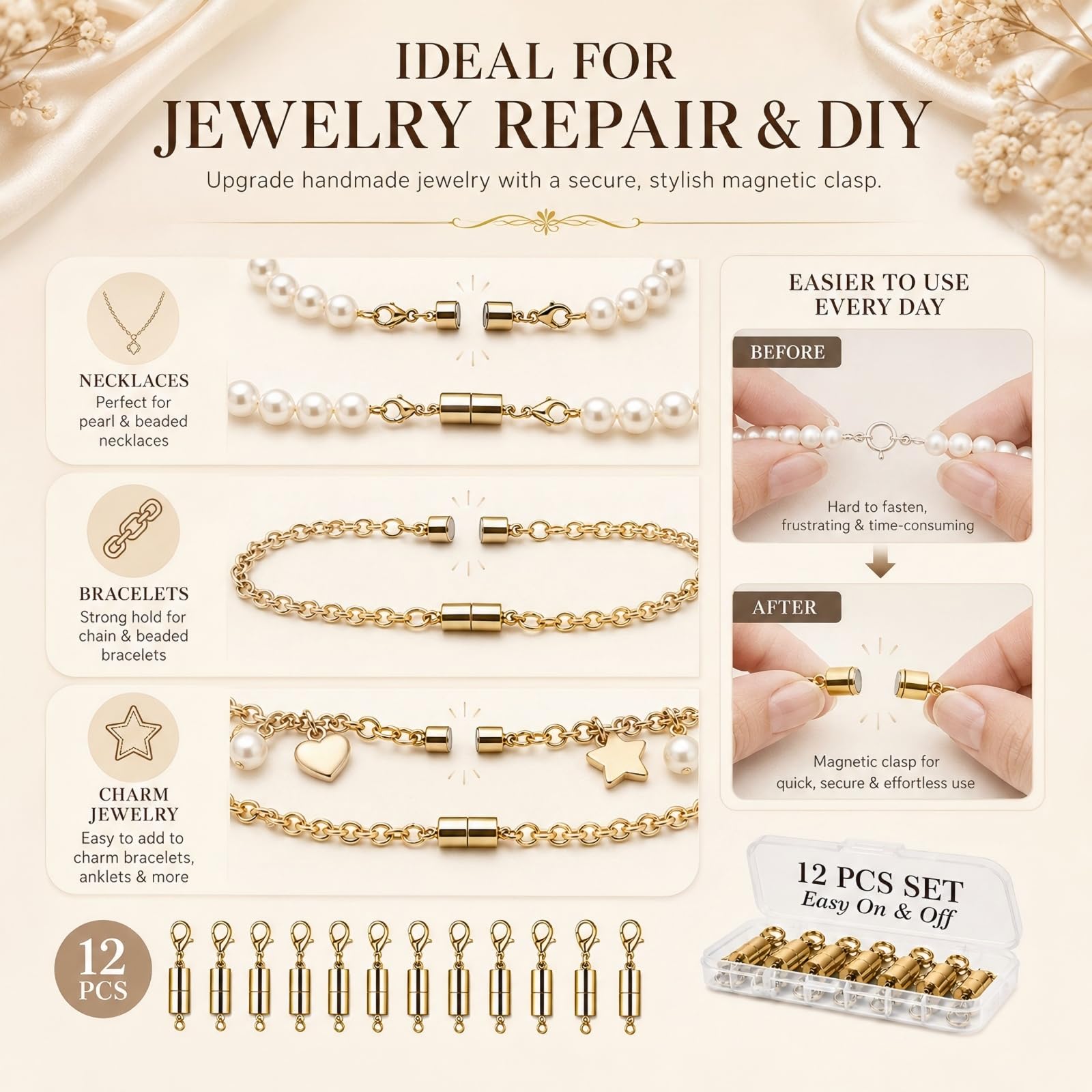 12 Pack Magnetic Necklace Clasps and Closures. Necklace Jewelry Extender with Strong Magnet. for Jewelry Necklace Bracelet Making. Gold and Silver Plating (12Pcs | Gold Cylinder)