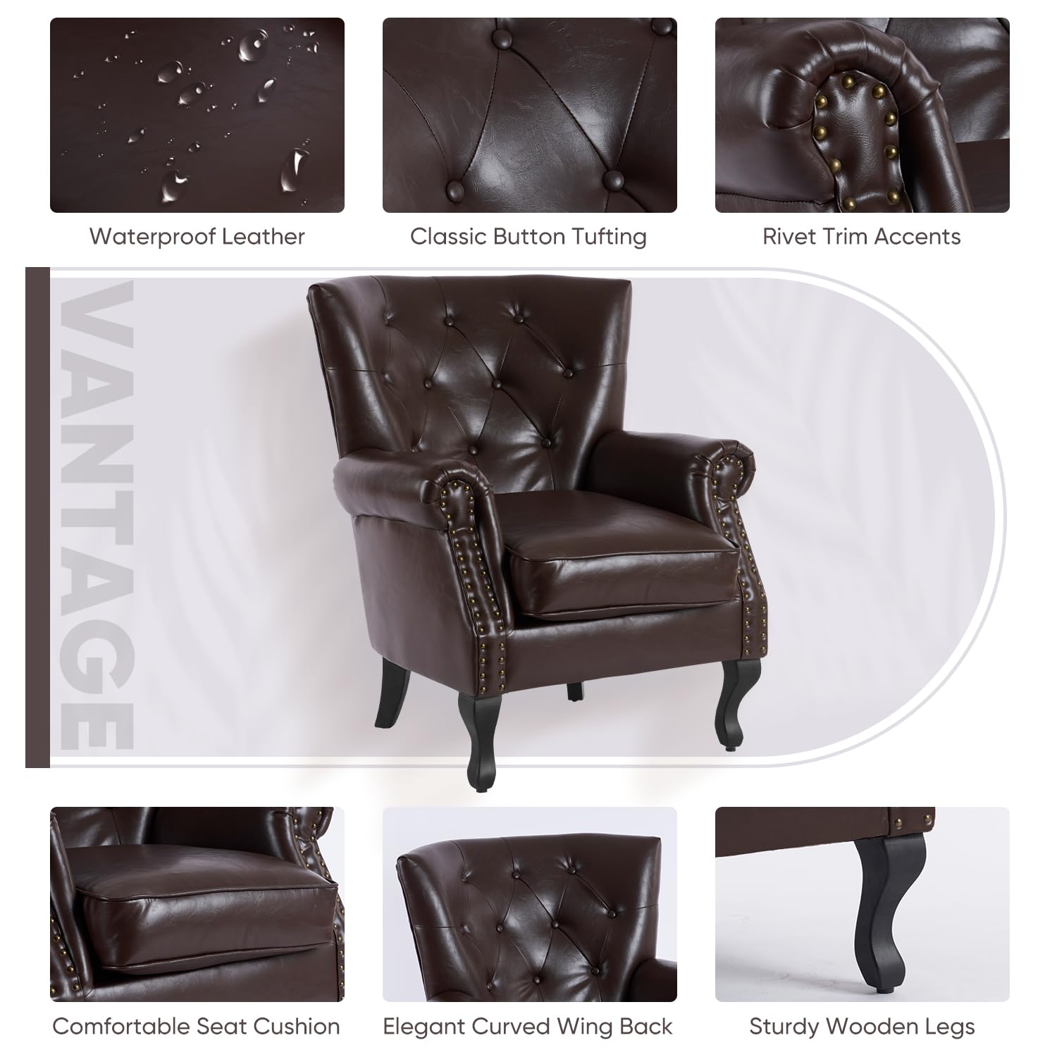 MOJAY PU Leather Accent Chair, Mid-Century Modern Armchair Living Room Club Chair with Tufted Button & Rivet Trim, Upholstered Sofa Chair with Sturdy Wood Legs for Bedroom (Black)