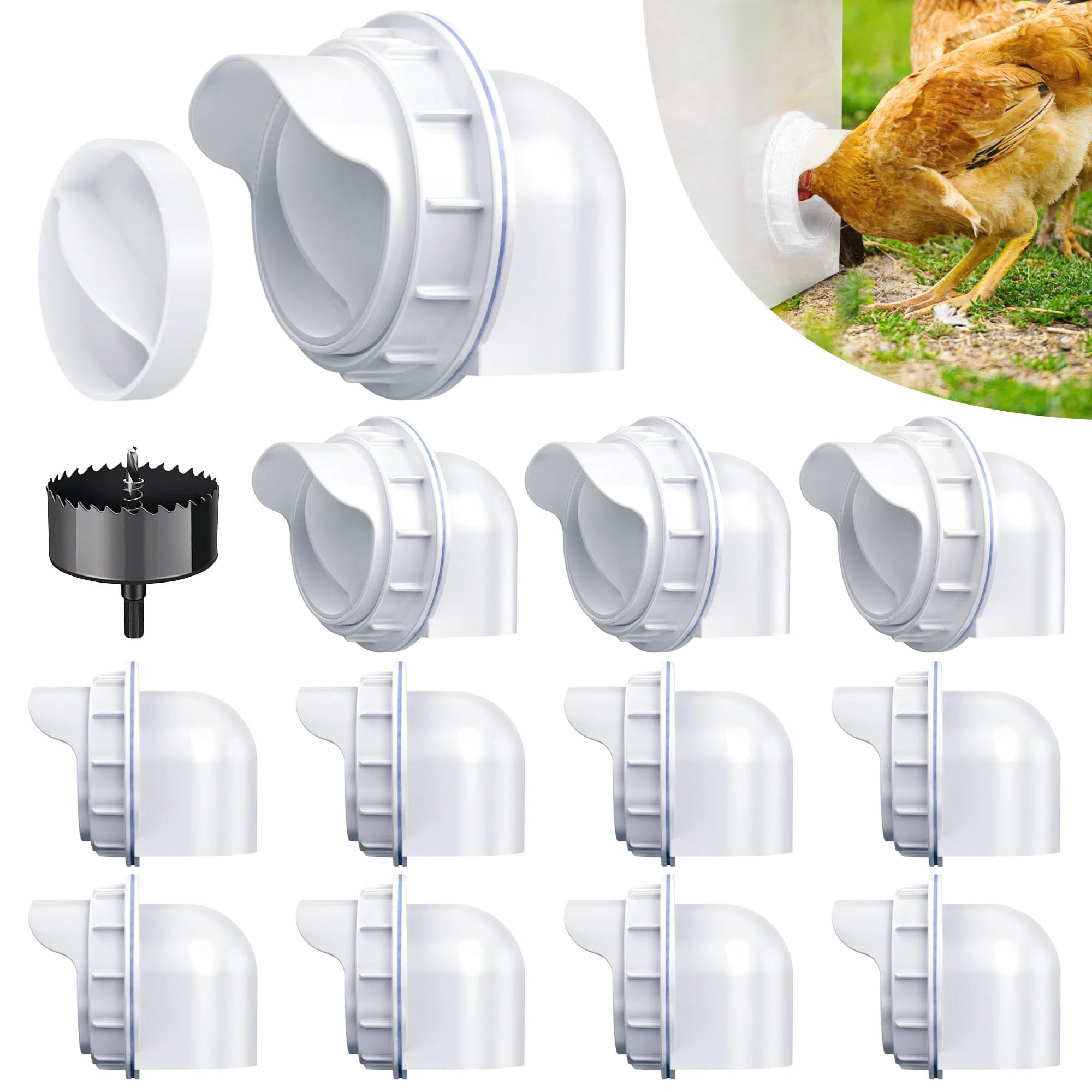 Chicken Feeder Port, 6 Pack Chicken Feeders No Waste with 6 Lids 1 Drill Bit, DIY Automatic Poultry Feeder Cups Kit, Chicken Bucket Feeder for Barrels (White)