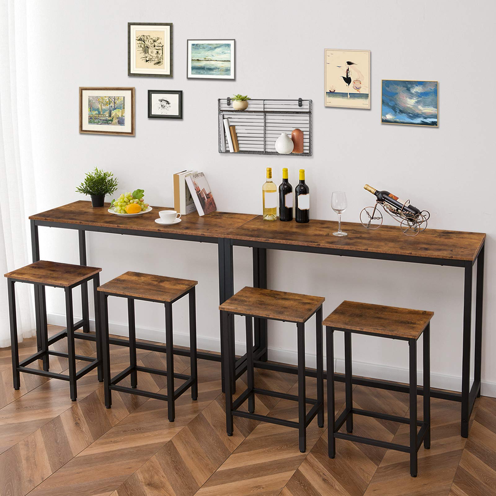 Rectangular Pub Bar Table & Stools Set, 3-Piece Breakfast Table, Grey, HOOBRO