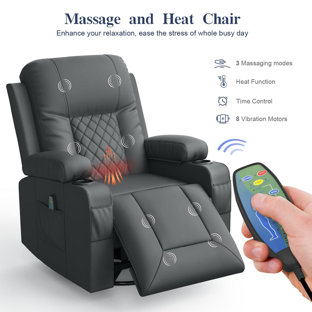 Recliner Chairs for Adults, FSC Certified Massage Reclining Chair with Heated Modern, Ergonomic Lounge Single Reclining Sofa Seat with Cup Holder & Pocket, Living Room Lounge Recliners Black
