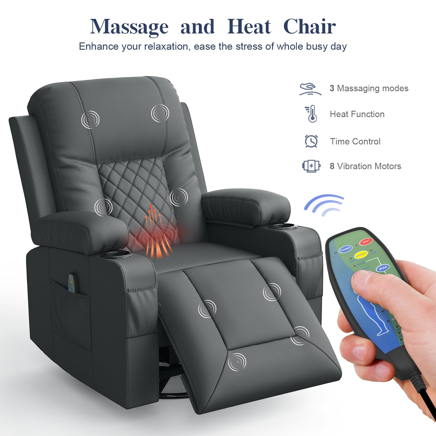 Recliner Chairs for Adults, FSC Certified Massage Reclining Chair with Heated Modern, Ergonomic Lounge Single Reclining Sofa Seat with Cup Holder & Pocket, Living Room Lounge Recliners Black