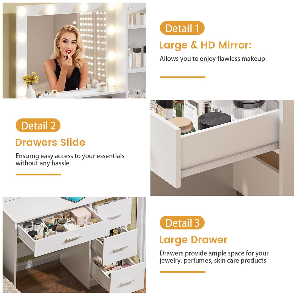 Vanity Desk with Lighted Mirror, Black Vanity with 4 Drawers,Makeup Vanity with Storage Shelves and Power Outlet,10 Lights with 3 Color Modes Brightness Adjustable for Girls’ Bedroom (Black)