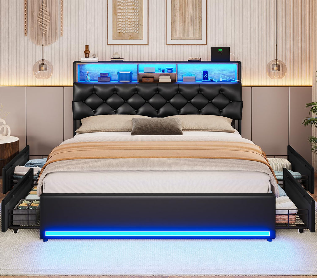 BTHFST Twin Bed Frames with Headboard & 4 Drawers, LED Bed Frame Twin with Charging Station, Upholstered and Metal Twin Bed with Storage, No Box Spring Needed, Black PU