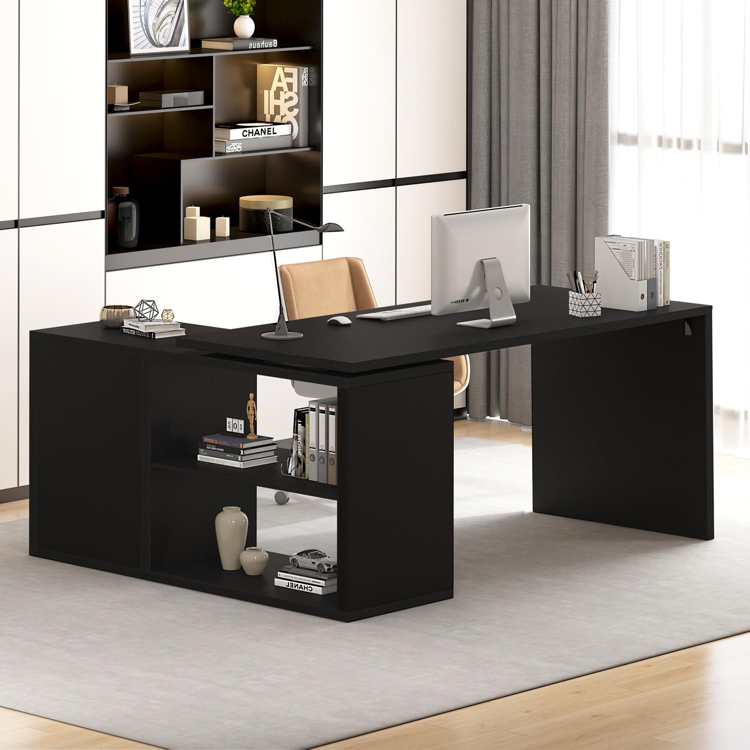 HSH Black L Shaped Computer Desk, Corner Desk with Storage Cabinet Shelves, Reversible Industrial Wood Executive Workstation, L-Shaped Home Office Table for Work Study Writing Gaming, 55 Inch