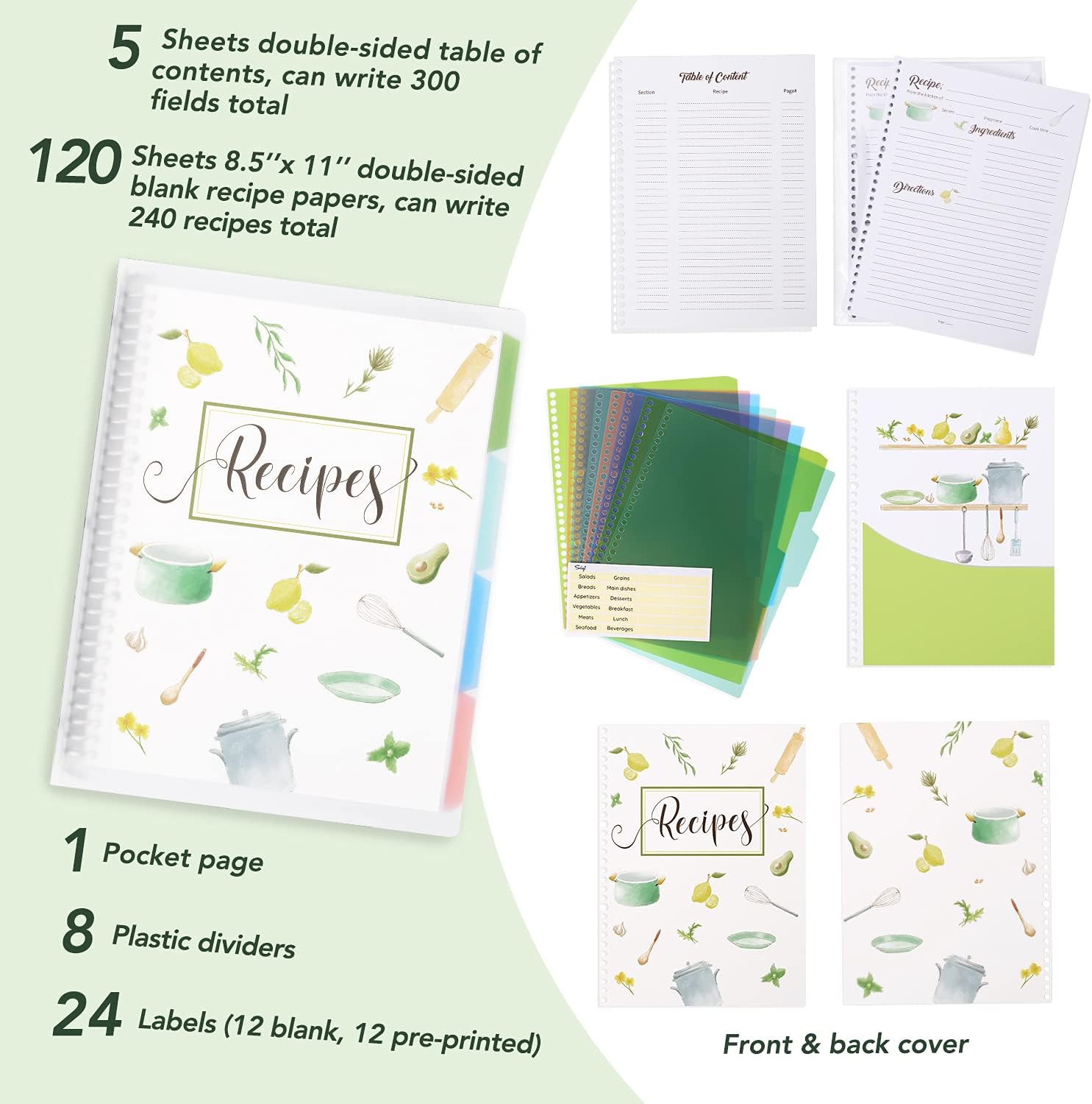 SOLIGT Recipe Book to Write in Your Own Recipes, 9.6’’x12.5’’ Personal Blank Recipe Notebook, Removable Recipe Journal Book Binder with 8 Dividers and 24 Tabs, Hold up to 240 Recipes