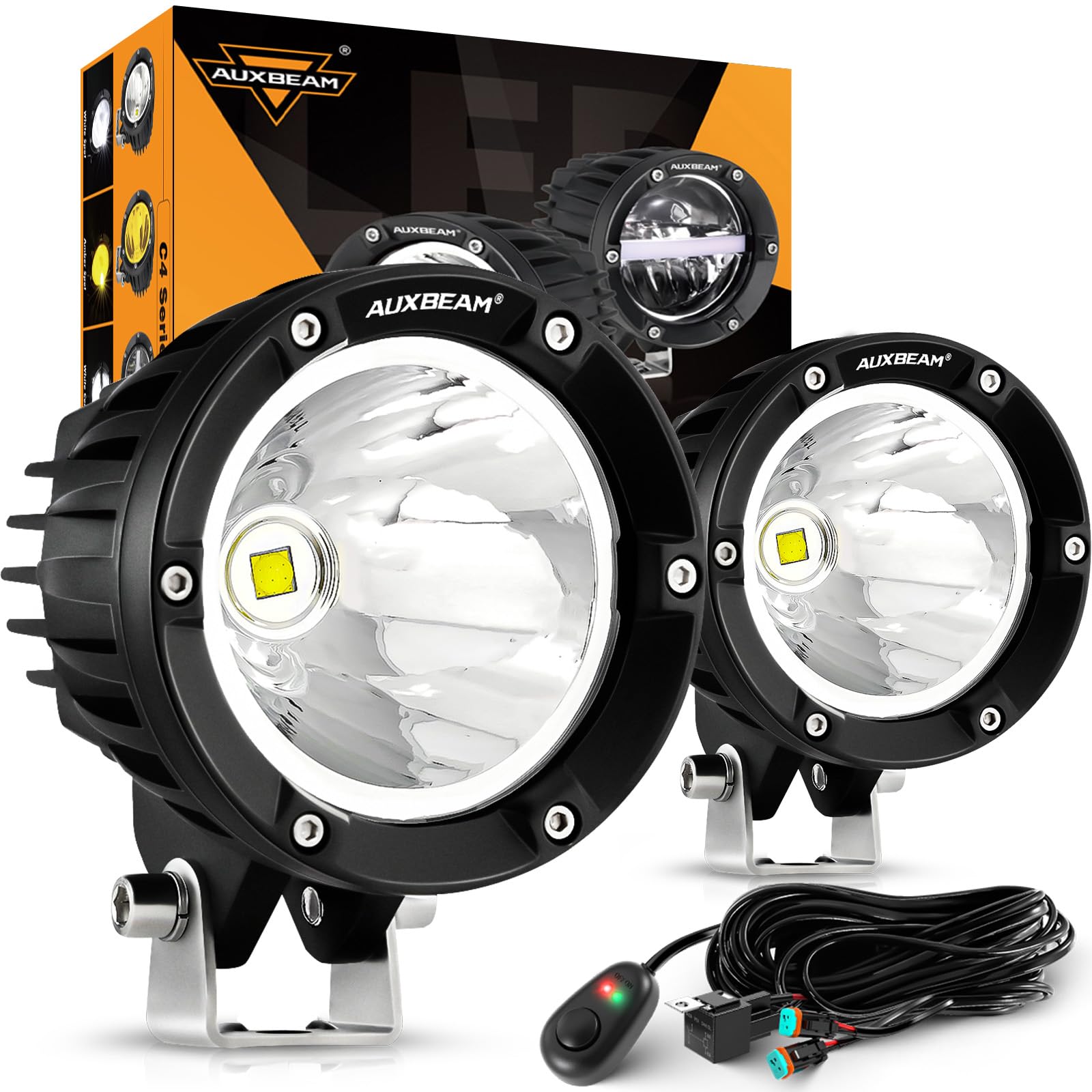 Auxbeam P4 Series Flood Beam LED Pods 4 Inch 90W Round Offroad Fog Lights Driving Flood Light Bar Bumper A-Pillar Hood Mount for Trucks ATV UTV Motorcycle Jeep