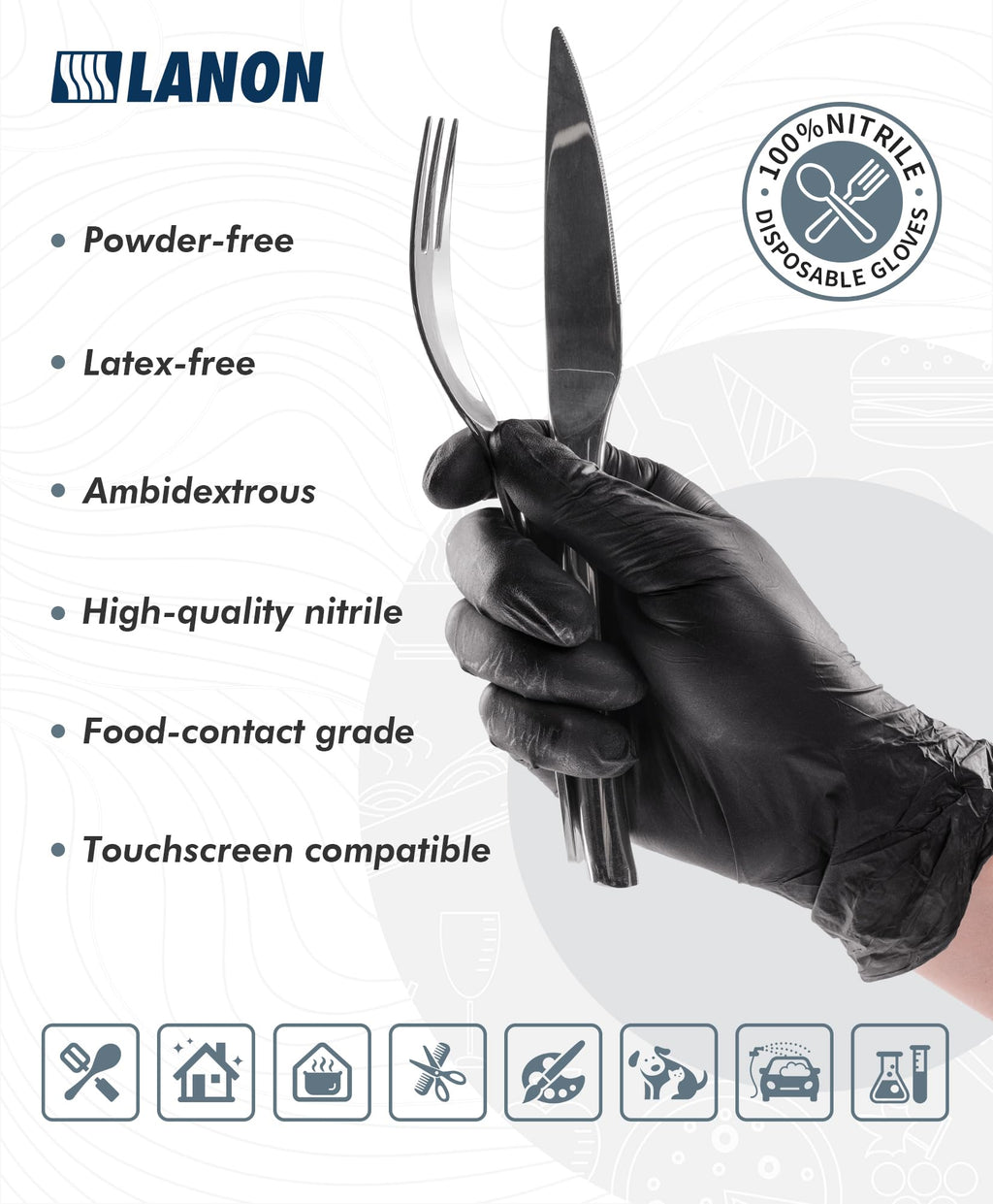 LANON Disposable Nitrile Gloves, Silicone-Free, Food-Safe, Chemical Resistant, Powder-Free, Textured Fingertips, Cooking, Cleaning, Blue, Small