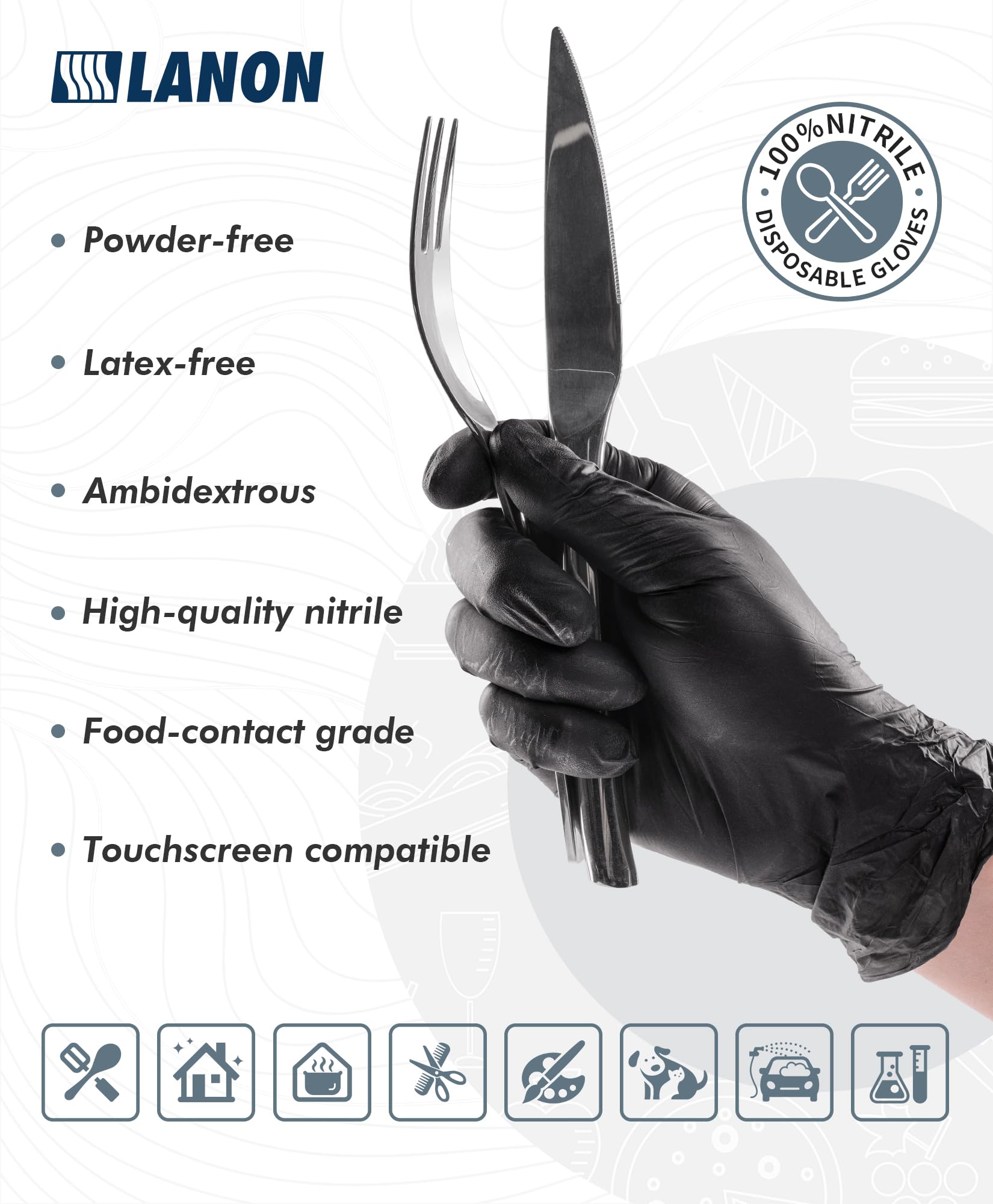 LANON Disposable Nitrile Gloves, Silicone-Free, Food-Safe, Chemical Resistant, Powder-Free, Textured Fingertips, Cooking, Cleaning, Blue, Small