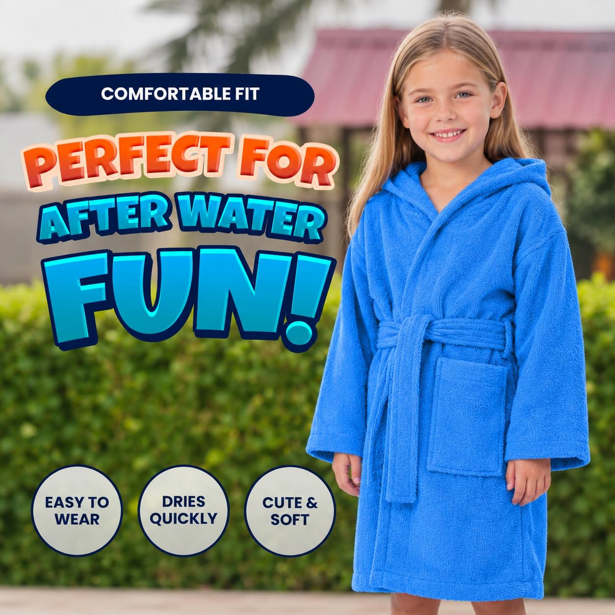 ALLEN & MATE 100% COTTON Hooded Kids Bathrobe – Soft, Medium Weight Absorbent Bath Towel Robe for Boys & Girls, 6-15 Years