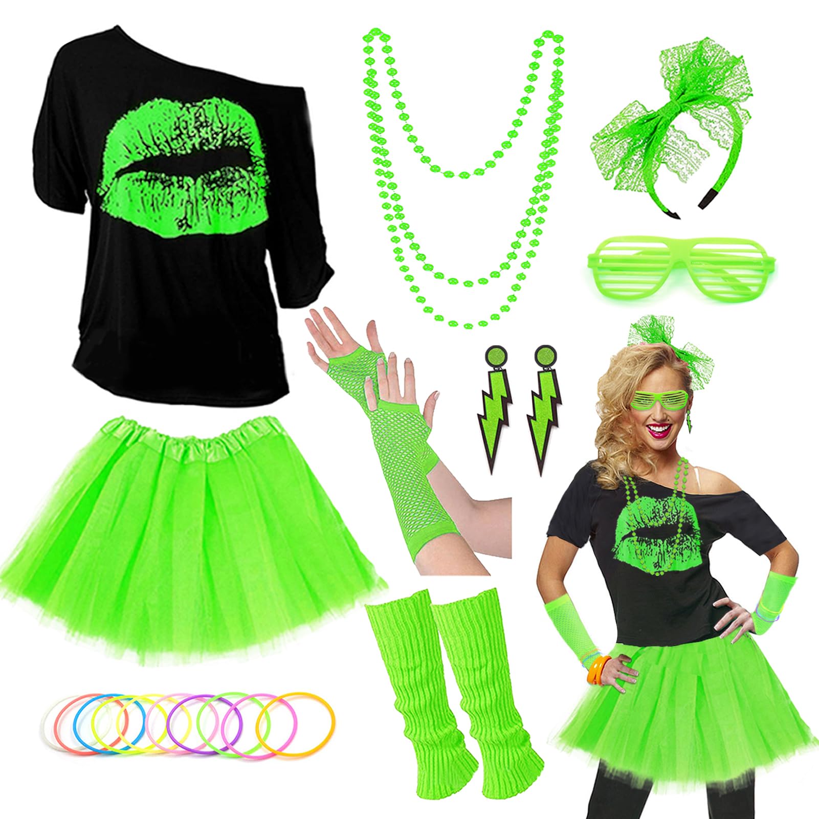 Upgraded 80s Outfit Costume for Women,80s Party Costume Accessory Sets with T-Shirt Tutu Skirt Waist Pack etc