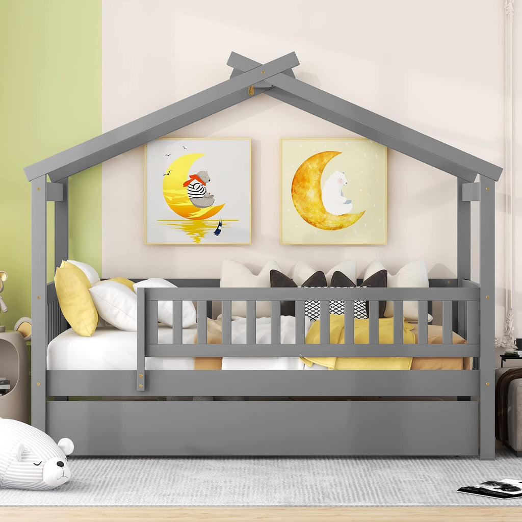 Merax Twin Size Wooden House Bed with Two Drawers, Wood Bed Frame with Roof for Kids, Teens, Boys or Girls, Grey