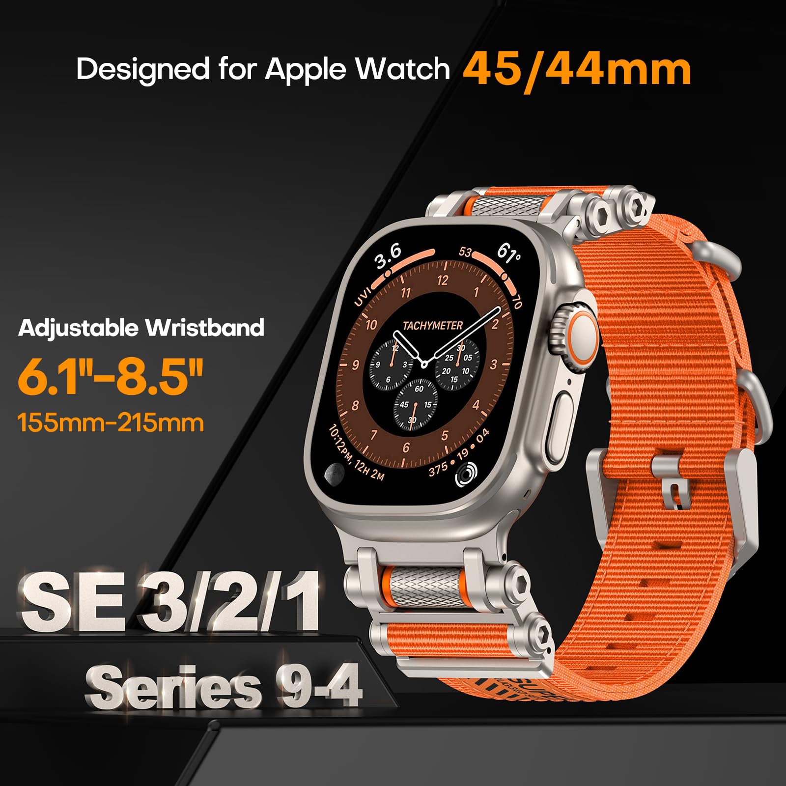 TAURI Nylon for Apple Watch Bands SE/Series 9/8/7/6/5/4 44/45mm, Rugged Nylon Braided Strap & Stainless Steel Connector – iWatch 44mm/45mm Adjustable Woven Band for Men Women, All Black