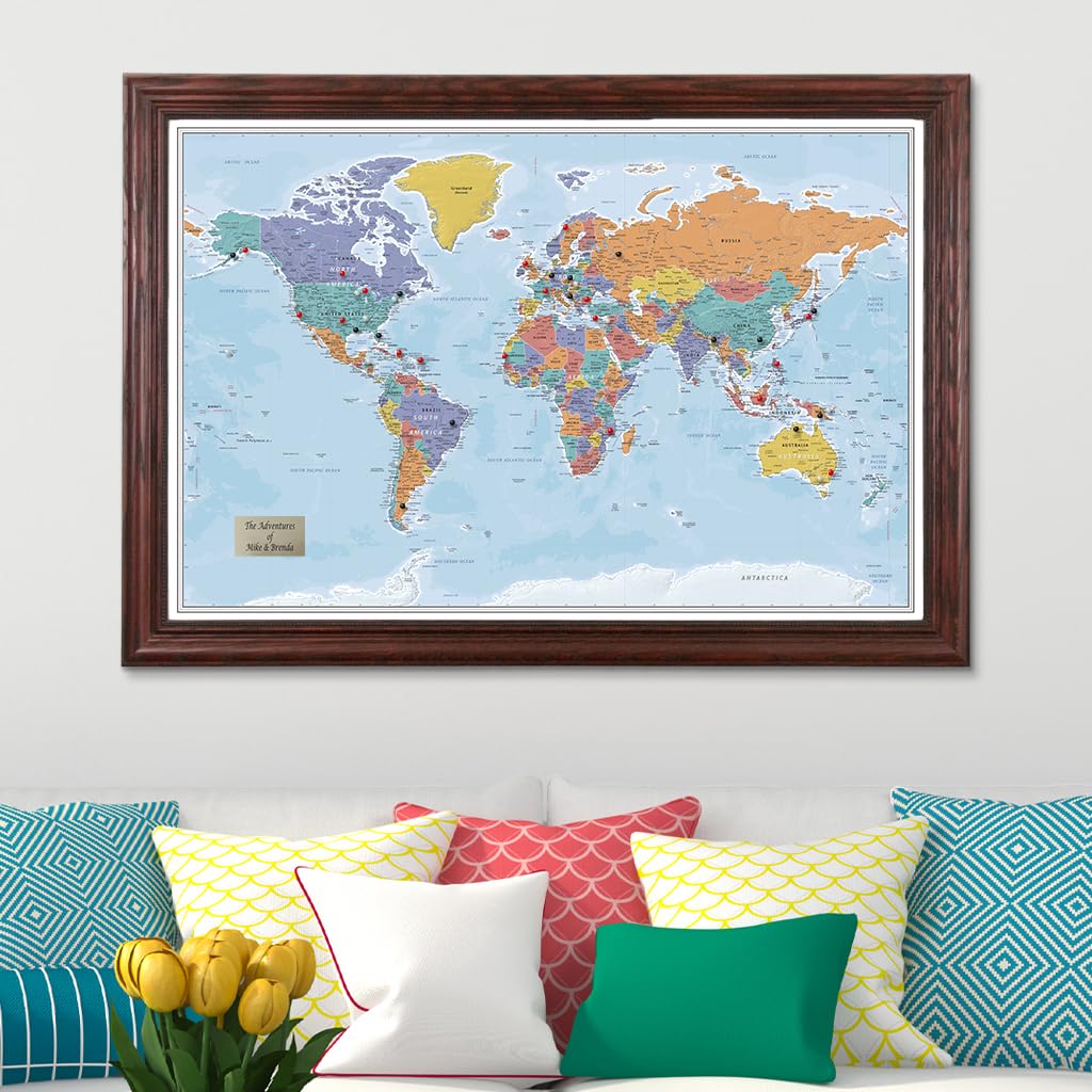 Personalized Canvas Rolled Poster World Map Wall Art with Pins – Large 24" x 36" Blue Oceans Map of the World – Push Pin Travel Decor for Home or Office