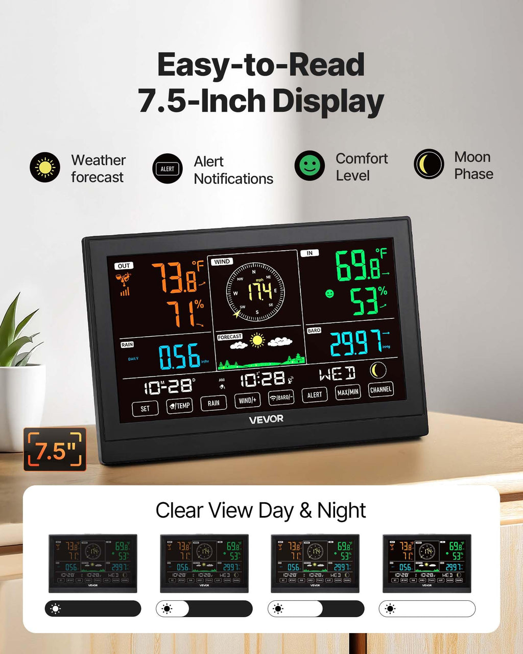 VEVOR 5-in-1 Wireless Weather Station, 7.5-Inch VA Display, Solar Powered Outdoor Sensor, Rain Gauge, Indoor Outdoor for Weather Forecast, Temperature, Humidity, Wind Speed and Direction (No WiFi)