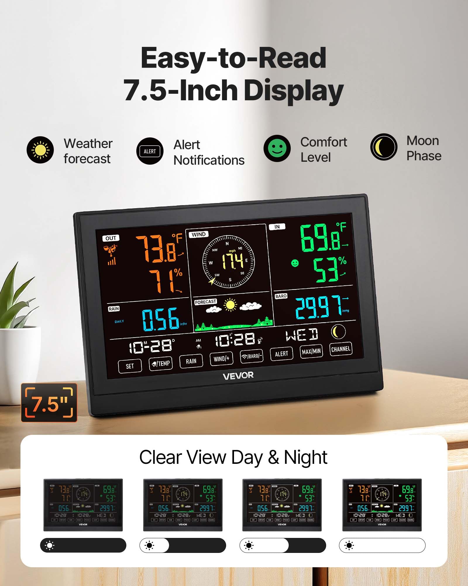VEVOR 5-in-1 Wireless Weather Station, 7.5-Inch VA Display, Solar Powered Outdoor Sensor, Rain Gauge, Indoor Outdoor for Weather Forecast, Temperature, Humidity, Wind Speed and Direction (No WiFi)