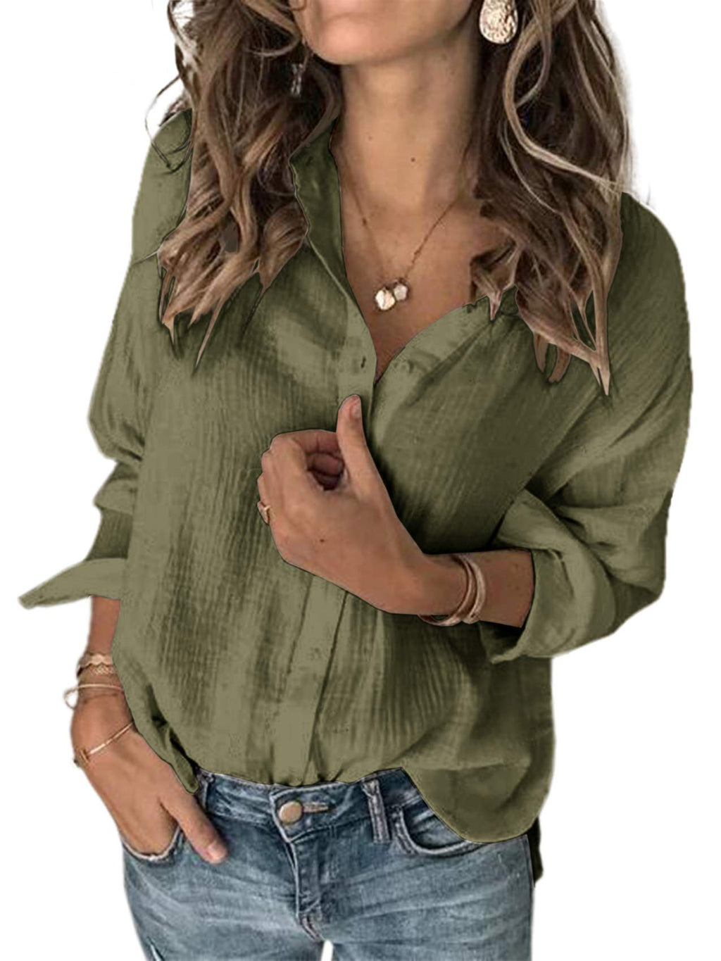 Karlywindow Womens Long Sleeve Button Down Cotton Linen Shirt Blouse Loose Fit Casual V-Neck Tops