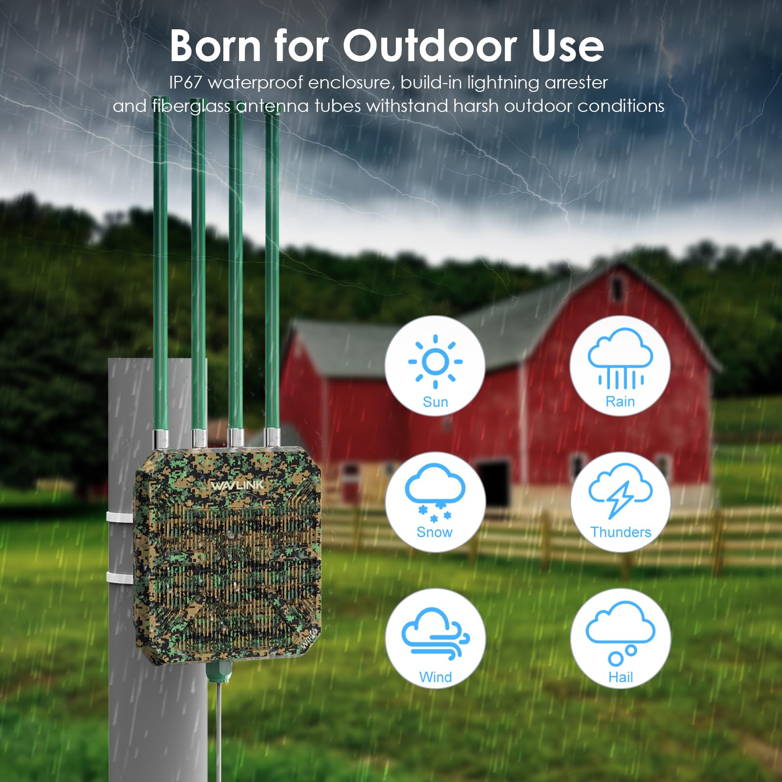 WAVLINK AX3000 Outdoor WiFi 6 Extender Long Range, Outdoor Wireless Access Point, Active PoE, 4x8dBi Antennas,Work with Starlink/Cameras/Router,IP67,Up to 256 Devices for Farm,Yard,RV