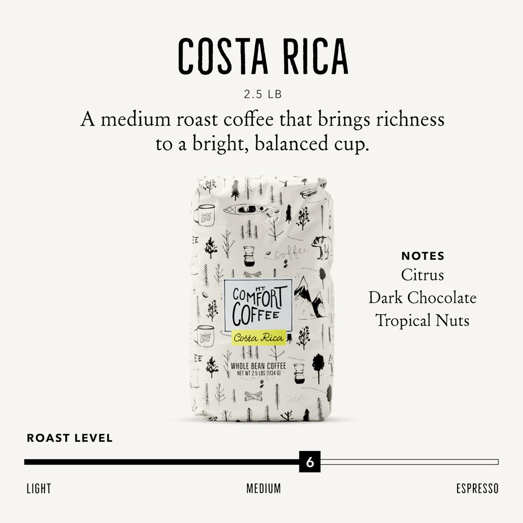 Mt. Comfort Coffee Costa Rica Medium Roast, 2.5lb - Sourced From Local, Costa Rican Coffee Farms - Roasted Whole Bean