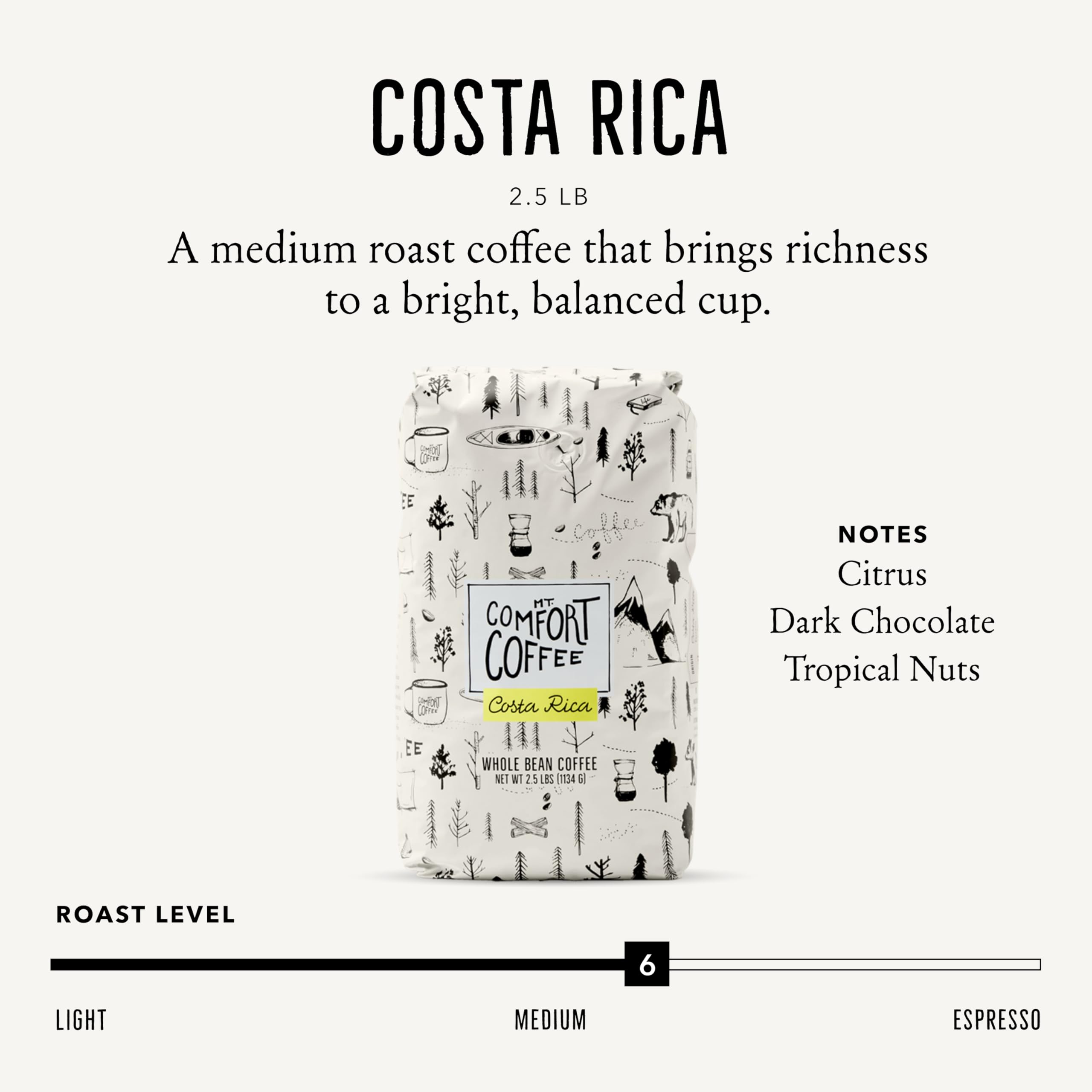 Mt. Comfort Coffee Costa Rica Medium Roast, 2.5lb - Sourced From Local, Costa Rican Coffee Farms - Roasted Whole Bean