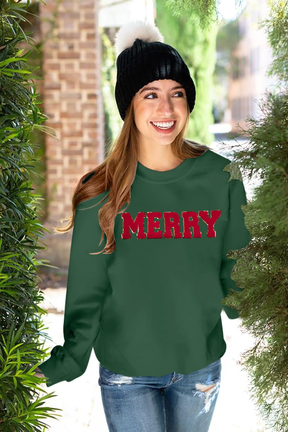 FASHGL Christmas Sequins Sweatshirts Women Merry Glitter Patch Crewneck Sweater Xmas Long Sleeve Pullover Top