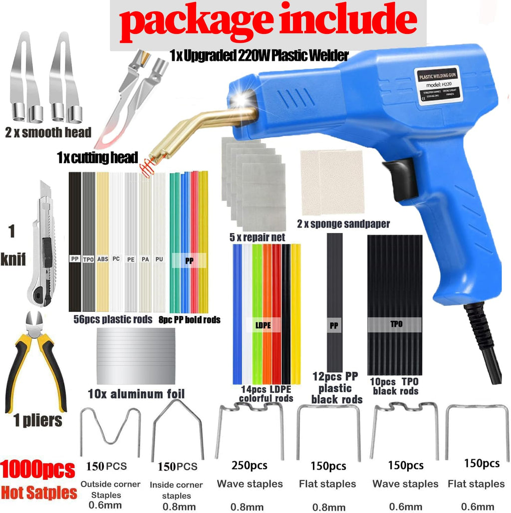 Upgraded 220W Plastic Welder, 2 in 1 Plastic Welding Repair Welder Kit 1000PCS Hot Stapler Soldering Gun with 100PCS Plastics Welding Rods Car Bumper Repair Kit for Most Plastics(Black)