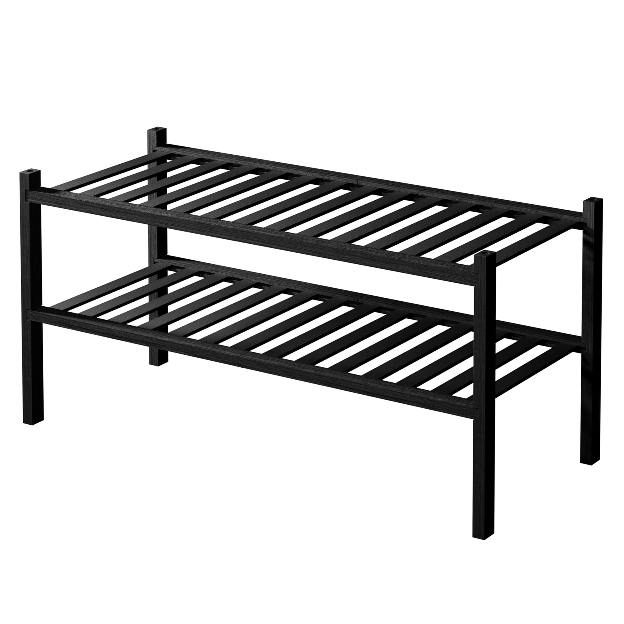 ROMGUAR CRAFT 2-Tier Bamboo Long Shoe Rack, Free Standing Wood Shoe Shelf Storage Organizer for Closet Entryway Stackable 35"x11"x13" (Black)