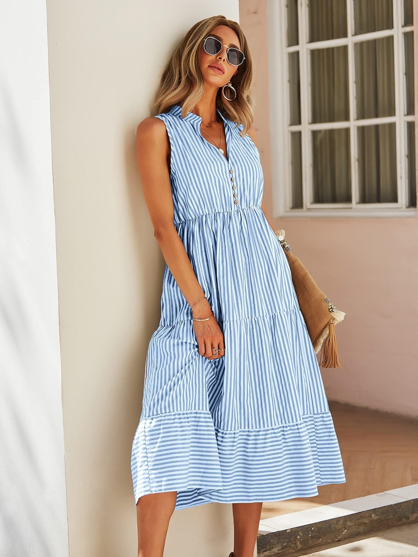 Floerns Women's Striped Print Notched Neck Sleeveless Ruffle A Line Midi Dress