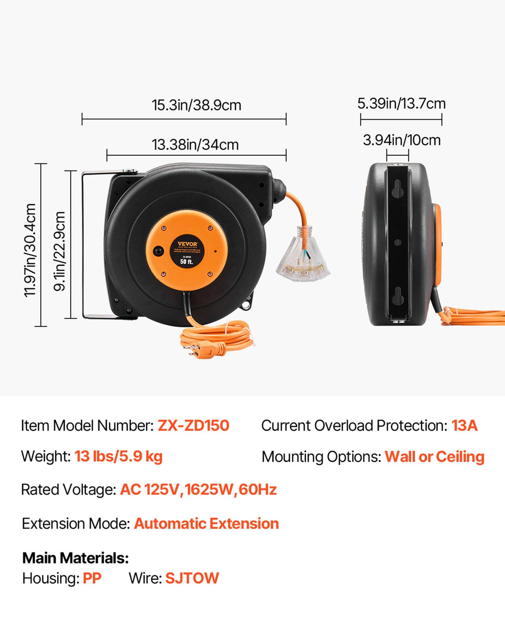 VEVOR Retractable Extension Cord Reel, 30 FT, Heavy Duty 16AWG/3C SJTOW Retractable Power Cord Reel with Lighted Triple Tap Outlet 10 Amp Circuit Breaker 4.5FT Lead-in Cord, for Ceiling or Wall Mount