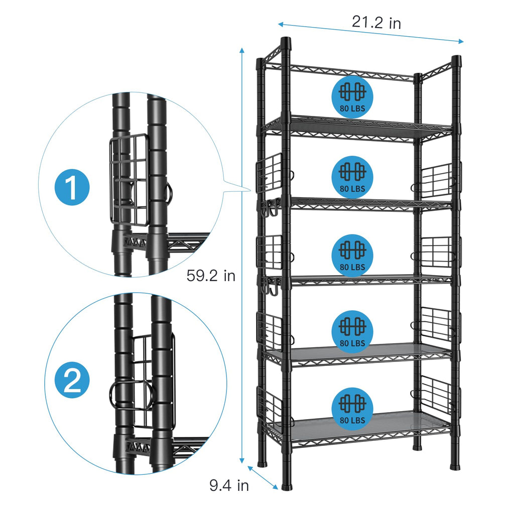 FUTASSI Metal Storage Rack, Storage Organizer Shelves for Kitchen, Bathroom, Living Room, Balcony and Garage, 5 Tiers Narrow Bookshelf, 21.2" W x 9.4" D x 59.2" H, Load 400lbs, Black
