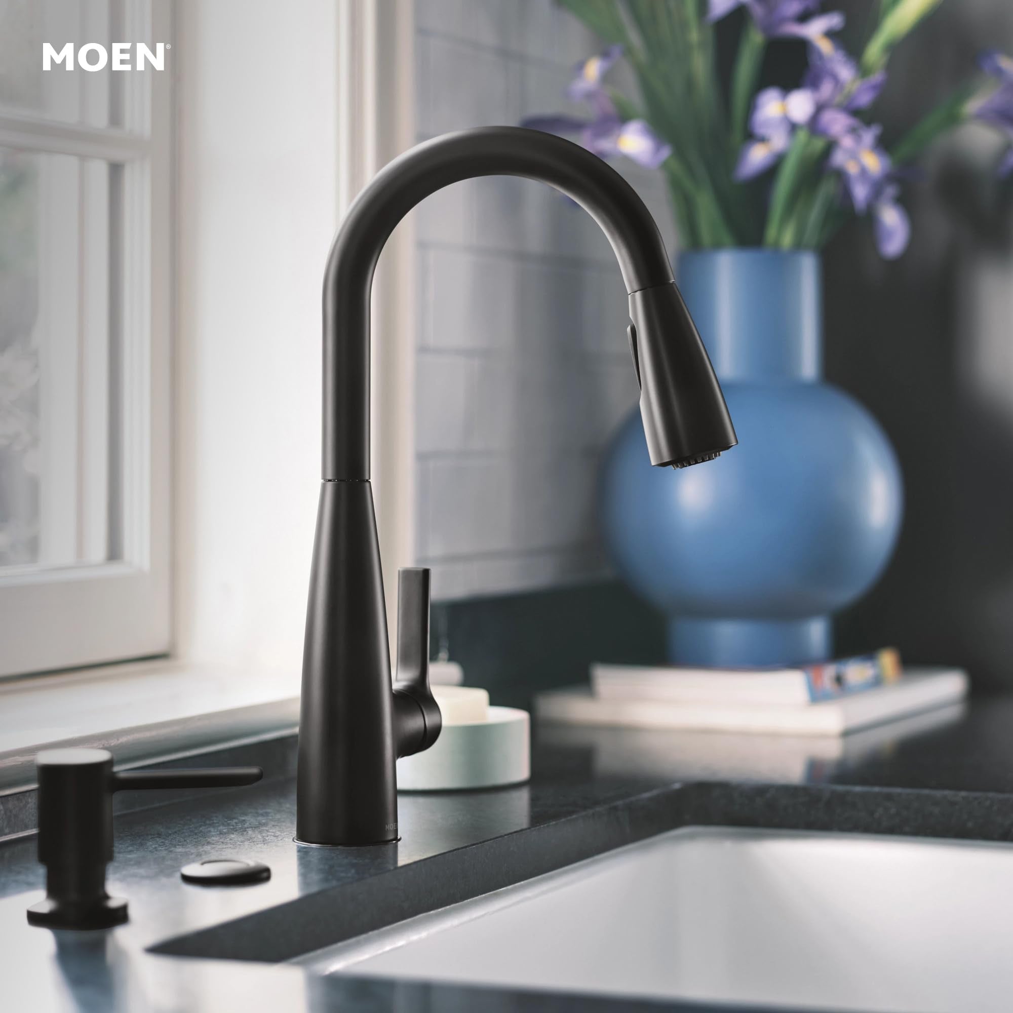 Moen Haelyn Pulldown Kitchen Faucet with Power Boost, 87627 | Pulldown sprayer, Power Boost technology, Soap dispenser included, Chrome finish, High arc faucet
