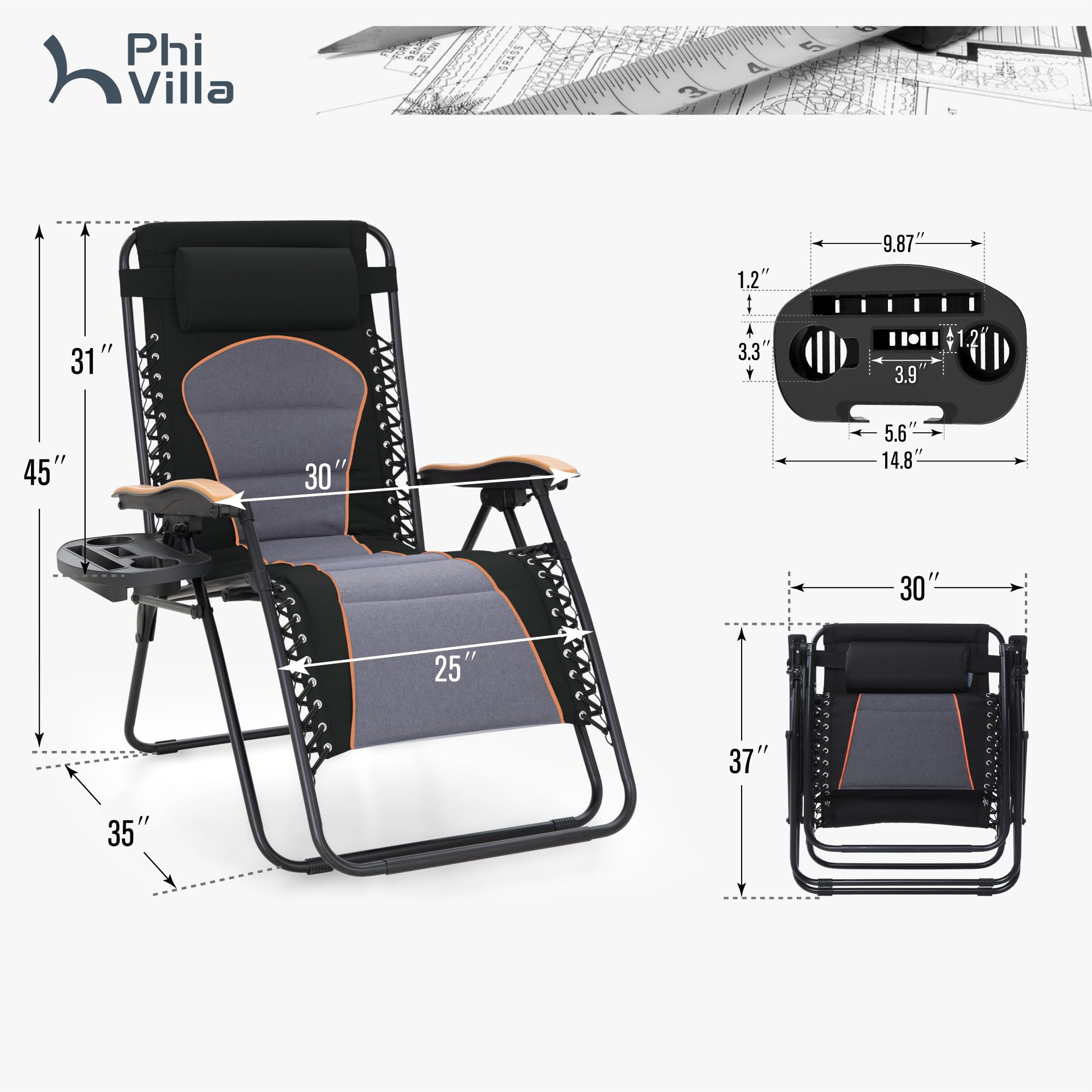 PHI VILLA XXL Oversized Padded Zero Gravity Chair Set of 2, Foldable Patio Recliner, 30" Wide Seat Anti Gravity Lounger with Armrest and Cup Holder, Support 400 LBS (Aqua Blue)