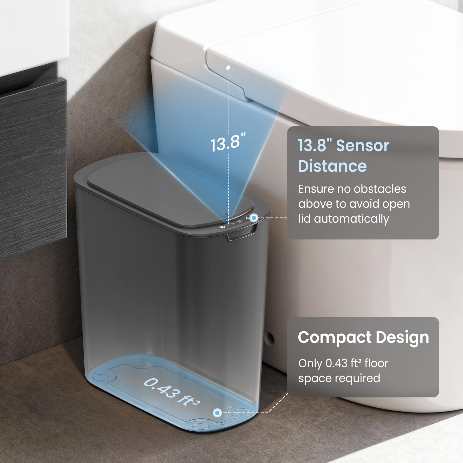 Cesun Automatic Motion Sensor Black Bathroom Trash Can with Lid, 2.6 Gallon Touchless Trash Bin, Smart Plastic Slim Garbage Can Small Wastebasket for Toilet, Office, rv, Bedroom, Living Room
