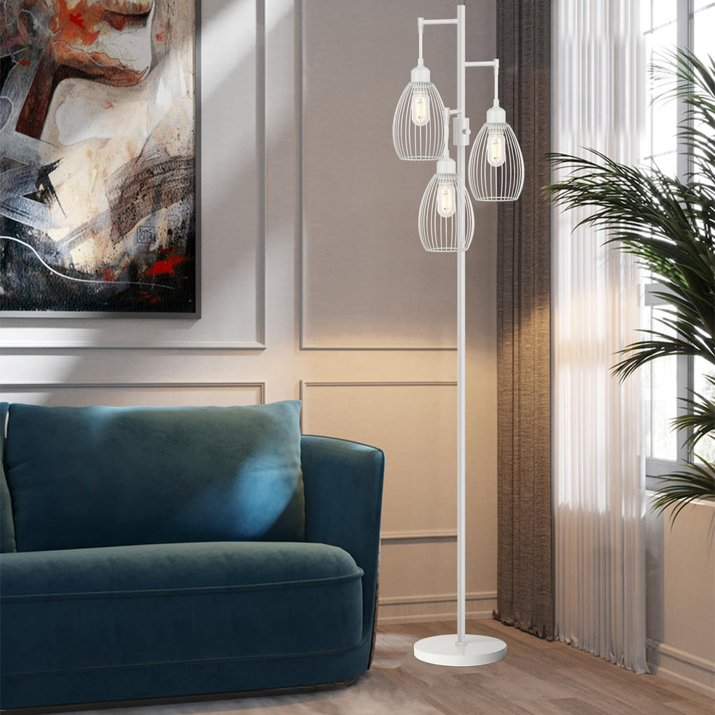 Dimmable Floor Lamp, 3 x 800LM LED Edison Bulbs Included, Farmhouse Industrial Floor Lamp Standing Tree Lamp with Elegant Teardrop Cage Tall Lamps for Living Room Bedroom Office Dining Room-Brass