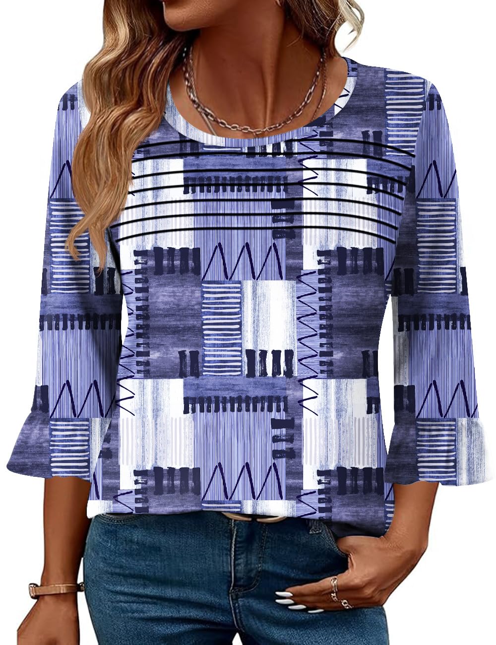 Blingfit Womens Tops 3/4 Length Sleeve Dressy Casual Shirts Bell Sleeve Front Pleated Fasion Trendy Summer Blouses 2026
