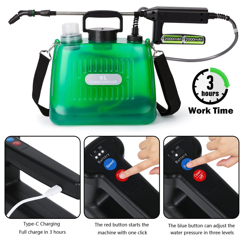 Battery Powered Sprayer 2 Gallon, Electric Sprayer with 4 Mist Nozzles, USB Rechargeable Handle, 32in telescopic Wand, Garden Sprayer with Adjustable Shoulder Strap for Lawn, Garden, Cleaning
