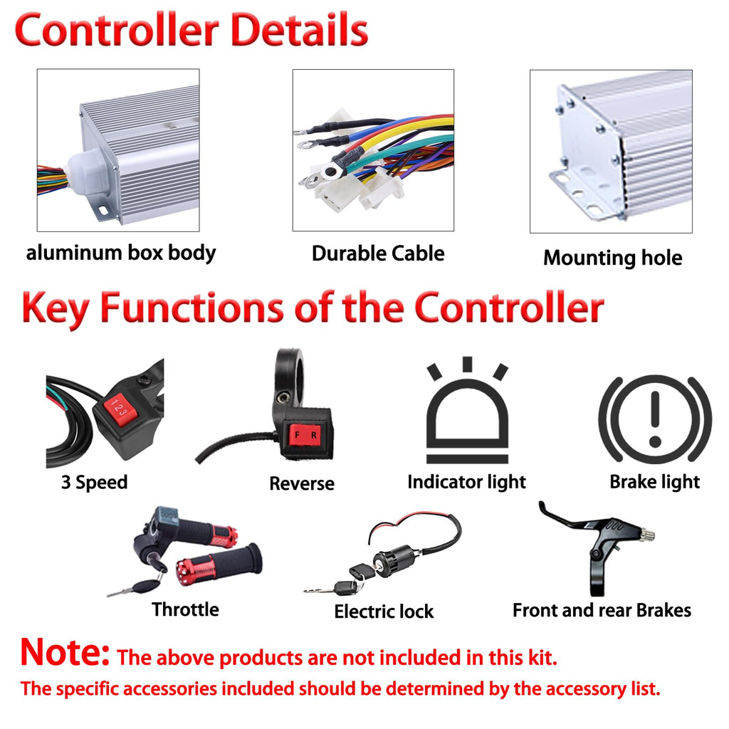 36V Motor Kit 1000W Electric Brushless DC Motor Kit 5.7N.M Go Kart Electric Motor 3100RPM Electric Dirt Bike Motor No Bracket BLDC Motor for Electric Scooter Ebike Controller Ebike Throttle with Key