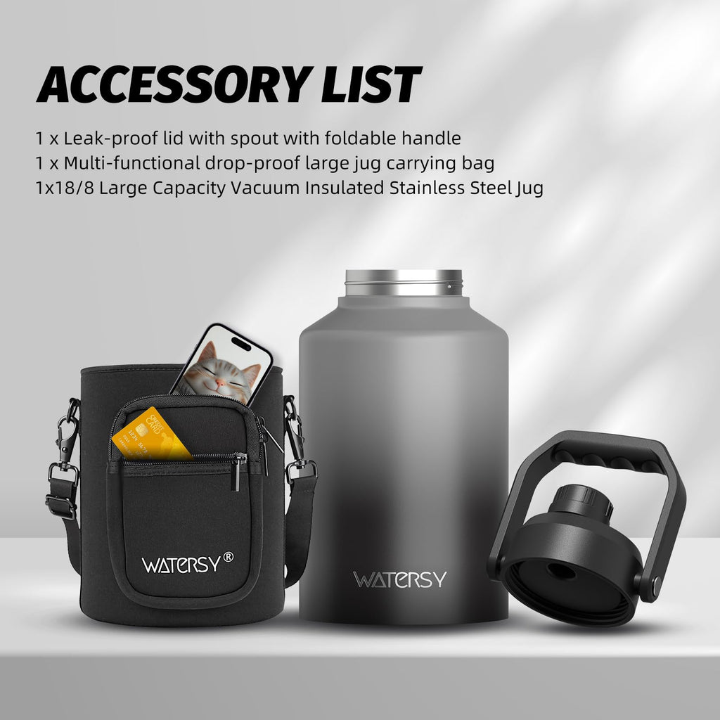 WATERSY Half Gallon Water Bottle Insulated(Cold for 48 Hrs),BPA Free&Leak Proof,64oz Stainless Steel Water Jug/Flask,Big thermo,Large Water Bottle with Handle for Gym,Hiking,Camping,Black