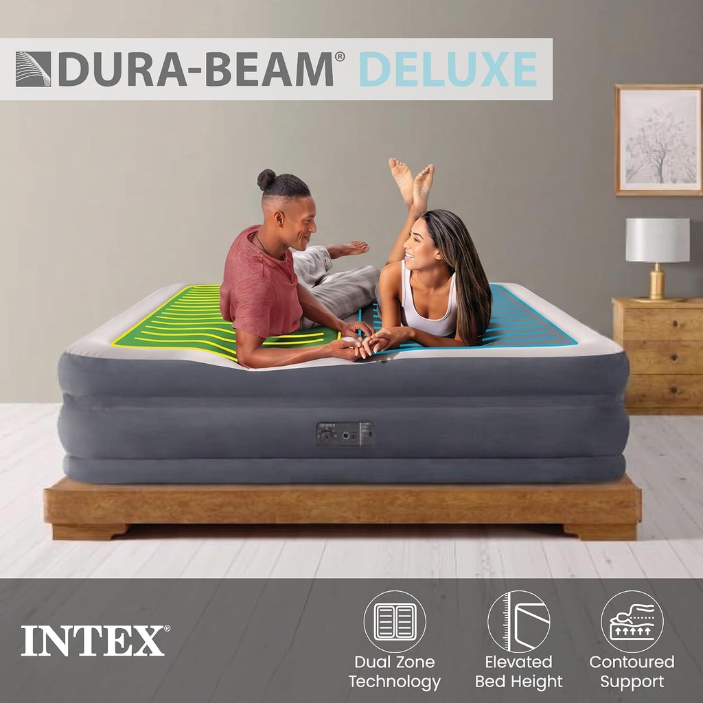 Intex 64953E 22in King Dura-Beam Fiber-Tech Deluxe Dual Zone High-Rise Inflatable Air Mattress with Built in Pump for Travel and Camping