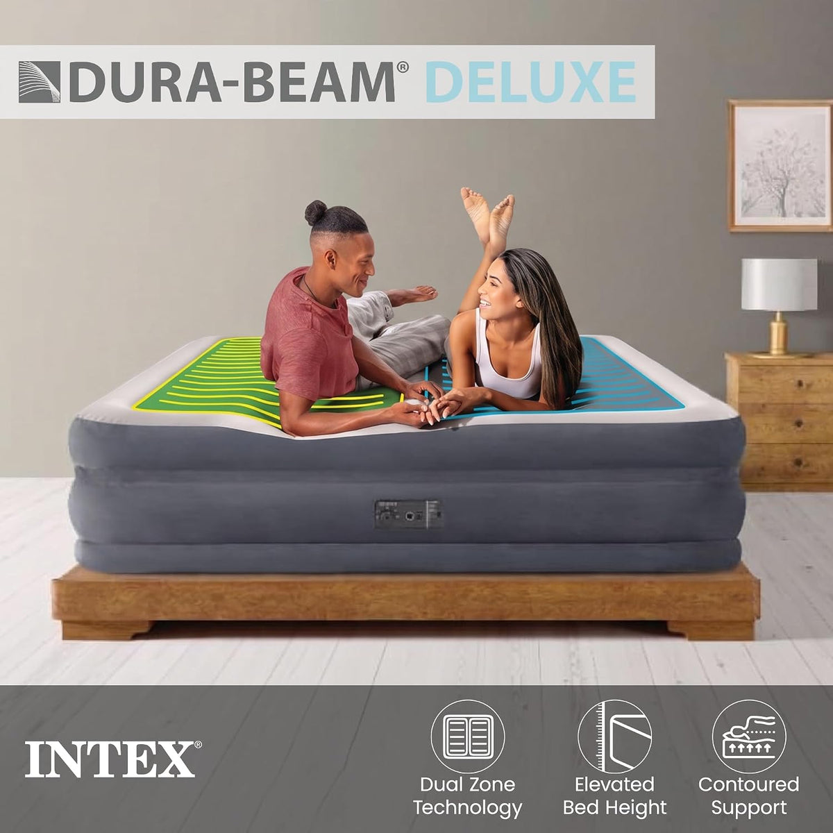 Intex 64953E 22in King Dura-Beam Fiber-Tech Deluxe Dual Zone High-Rise Inflatable Air Mattress with Built in Pump for Travel and Camping