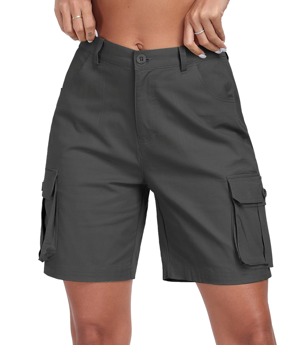 MoFiz Women's Cargo Shorts Bermuda Shorts Button Pockets Elastic Waist Knee Length Long Hiking Casual Shorts for Summer
