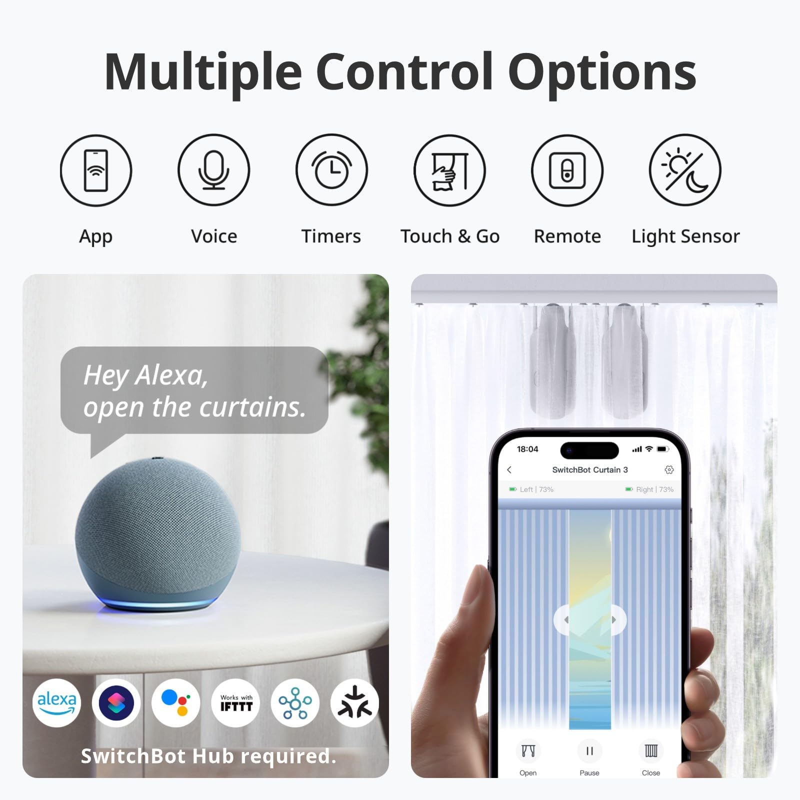SwitchBot Smart Automatic Curtain Opener 2 Packs with Hub3 - Bluetooth Remote Control with App/Timer, High-Performance Motor, Unlimited Power, Add Hub to Compatible with Alexa, Google Home, HomeKit