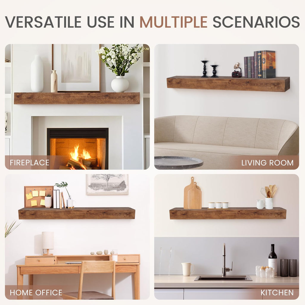 G GOOD GAIN Fireplace Mantel 54inch - Handmade Rustic Wood Mantel for Over Fireplace | Wall Mounted Floating Mantle Shelves for Living Room Decor(Chocolate, 54Lx5Hx8D)