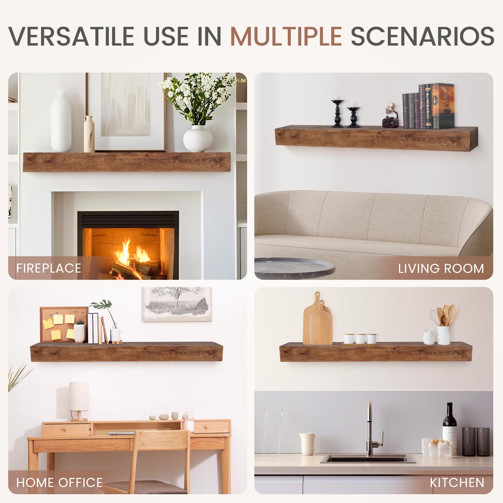 G GOOD GAIN Fireplace Mantel 54inch - Handmade Rustic Wood Mantel for Over Fireplace | Wall Mounted Floating Mantle Shelves for Living Room Decor(Chocolate, 54Lx5Hx8D)