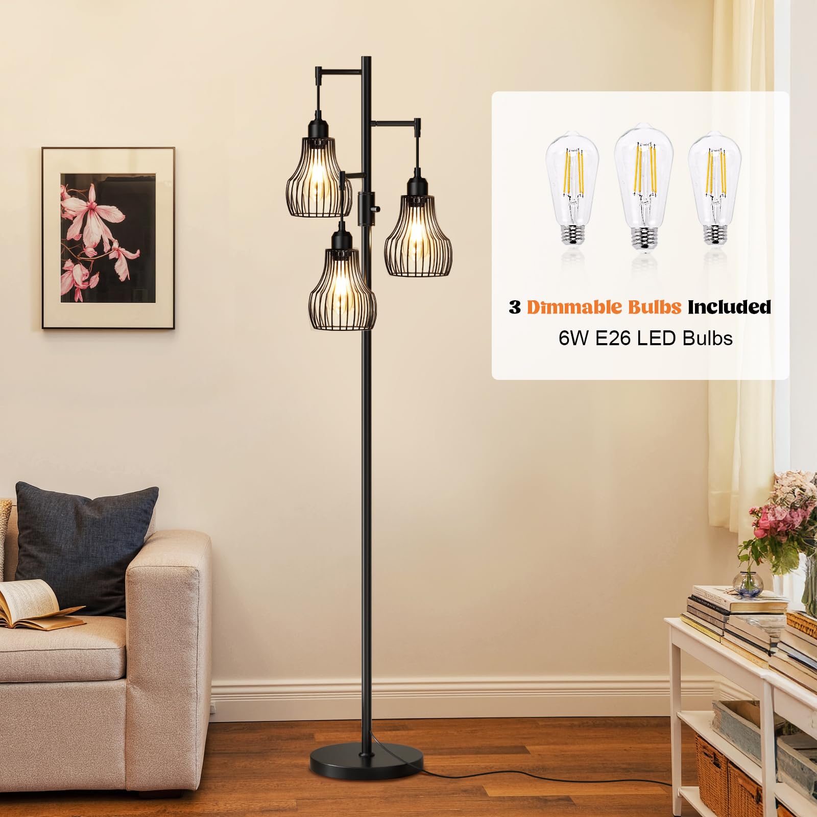 Ziisee Dimmable Floor Lamps for Living Room, Industrial Tree Standing Tall Lamps with 3 Elegant Cage Shade & 800 Lumens LED Bulbs for Bedroom Office - Brown
