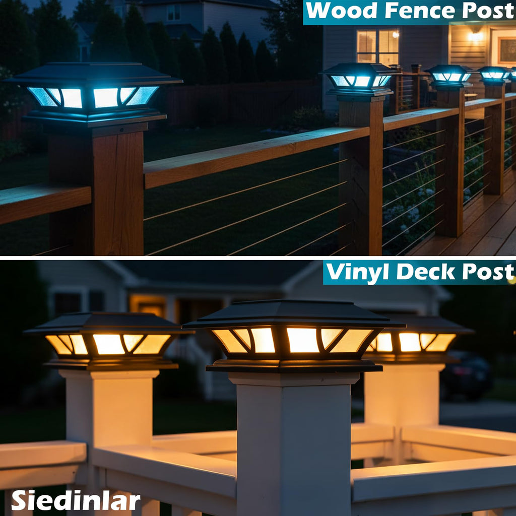 SIEDiNLAR Solar Post Lights Outdoor 2 Modes LED Deck Fence Cap Light for 4x4 5x5 6x6 Posts Patio Garden Decoration Warm White/Cool White Lighting Black (1 Pack)