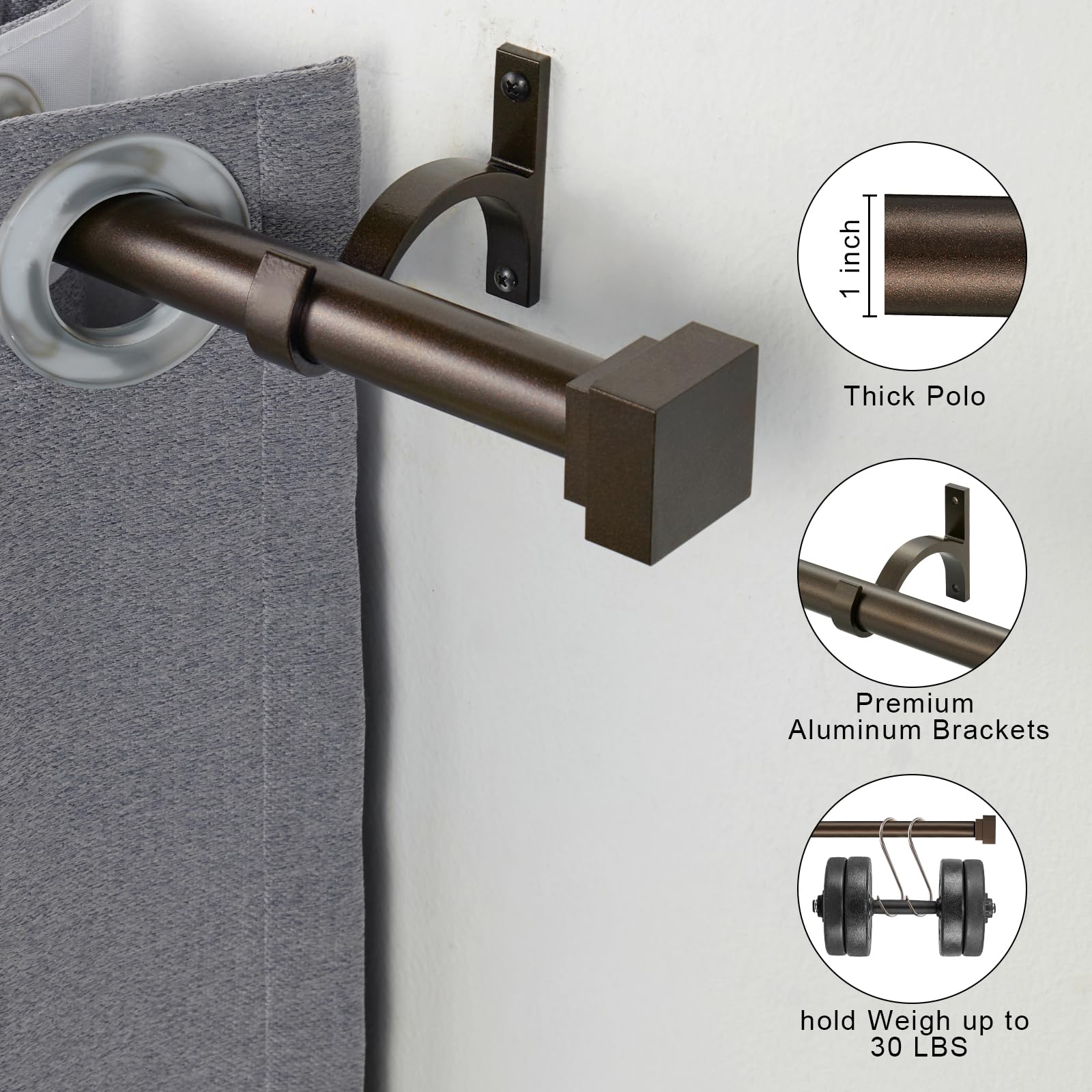 Single Curtain Rods for Windows 28 to 48 Inch(2.3-4ft),1 Inch Diameter Adjustable Heavy Duty Drapery Rods,with Modern Square Aluminum Alloy Finials,Antique Bronze