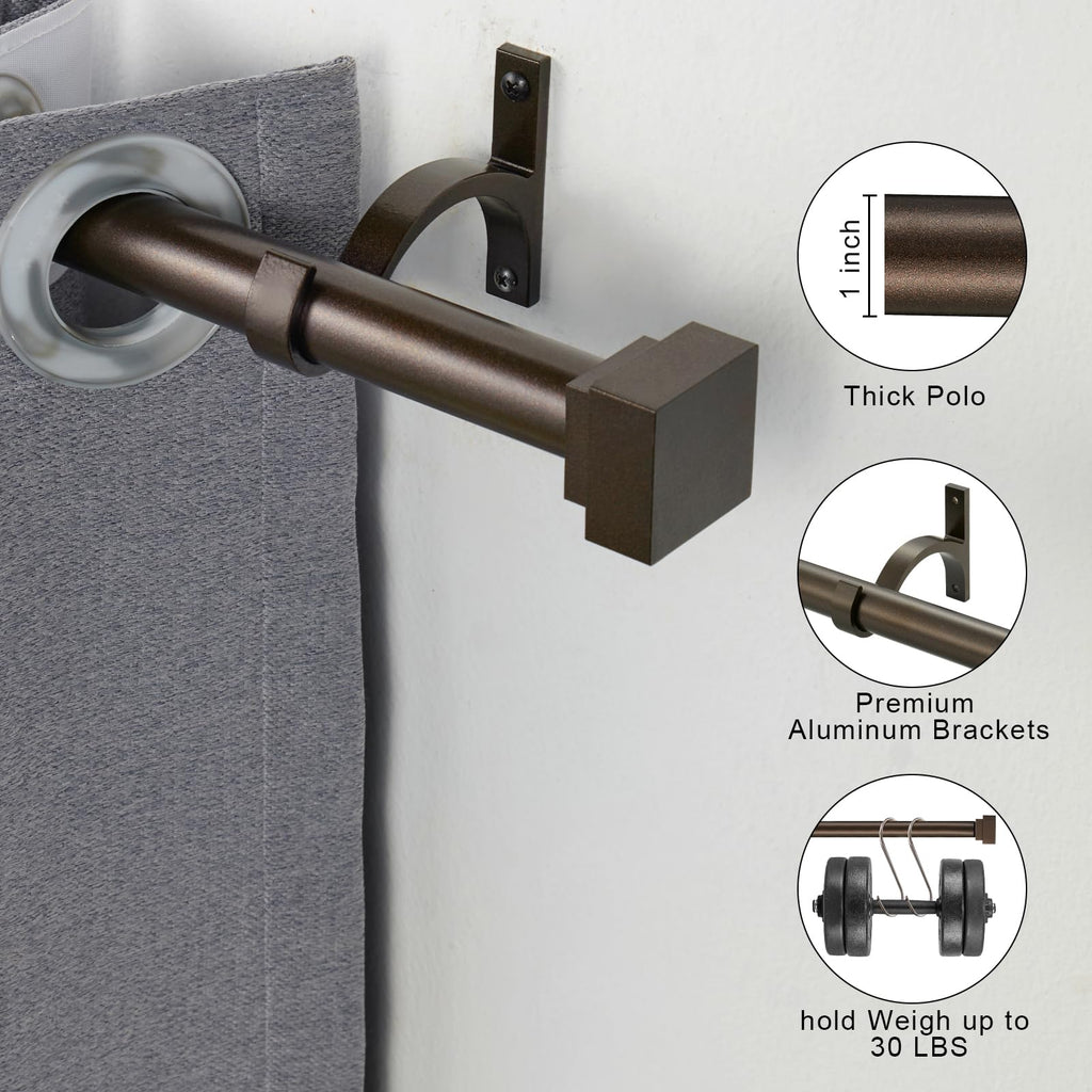Single Curtain Rods for Windows 28 to 48 Inch(2.3-4ft),1 Inch Diameter Adjustable Heavy Duty Drapery Rods,with Modern Square Aluminum Alloy Finials,Antique Bronze