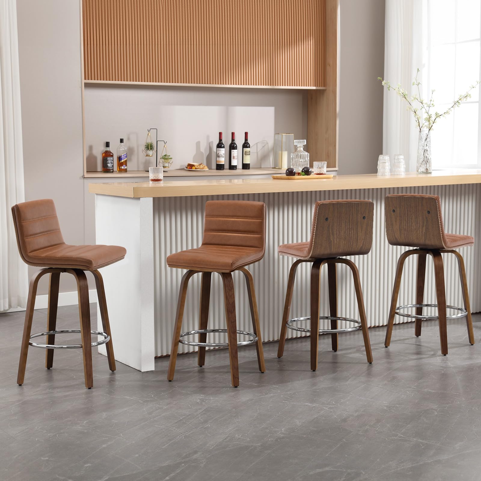 Bar Stools 29 Inch Bar Height, Swivel Bar Stools with Backs Upholstered PU Leather Barstool, L Shape Back and Padded Seat, Mid-Century Modern Bar Stool Pub Chairs for Kitchen Counter Island, Black