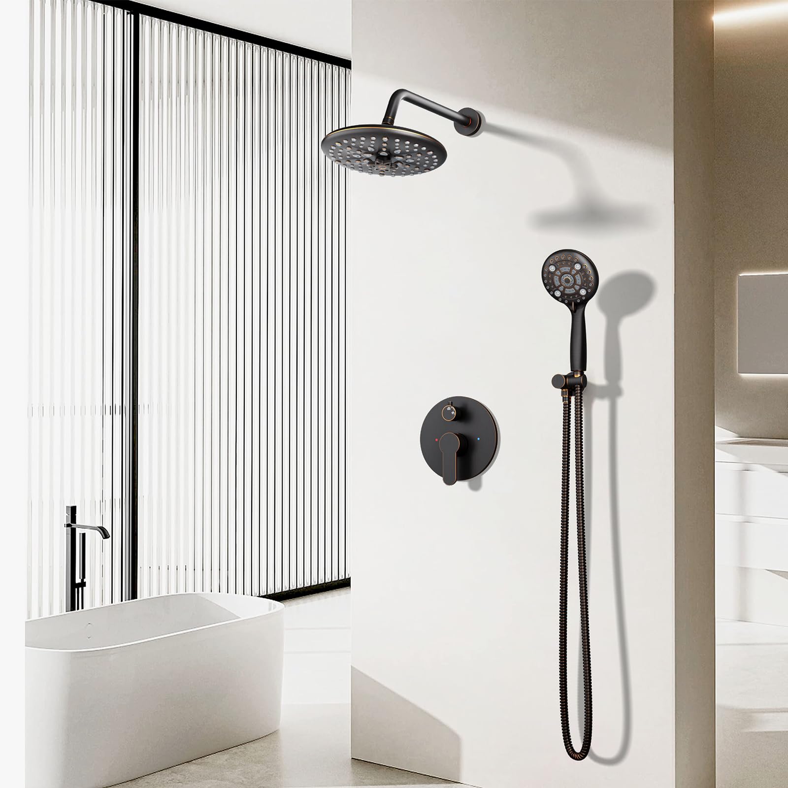 EMBATHER Shower Faucets Sets Complete, with 3 Setting High Pressure Shower Head Combo, Bathroom Wall Mounted Rainfall Shower System Fixtures with 8-Mode Handheld Spray, Brushed Nickel